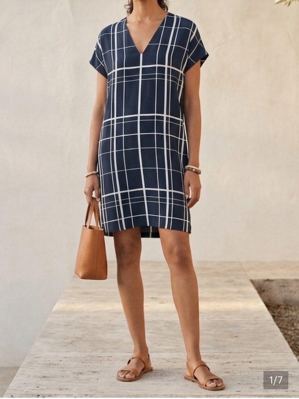 Vince 100% silk navy grid shift dress